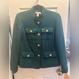 Chicos Dark Jade Green Tweed Jacket with Brass Buttons. Size 4. (Small) Chicos 0